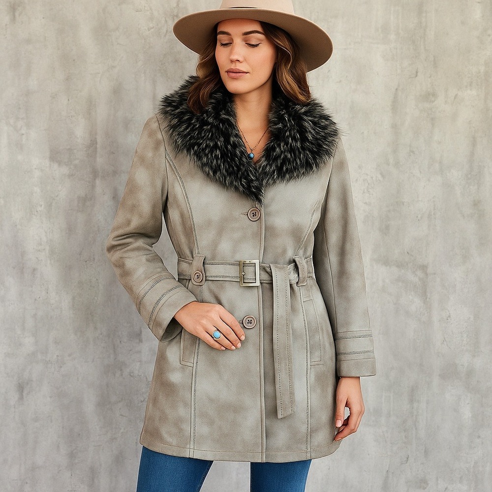 Tasha Polizzi Chatteau Coat‎ Faux Suede M Gray Belted Fur Collar Western Boho